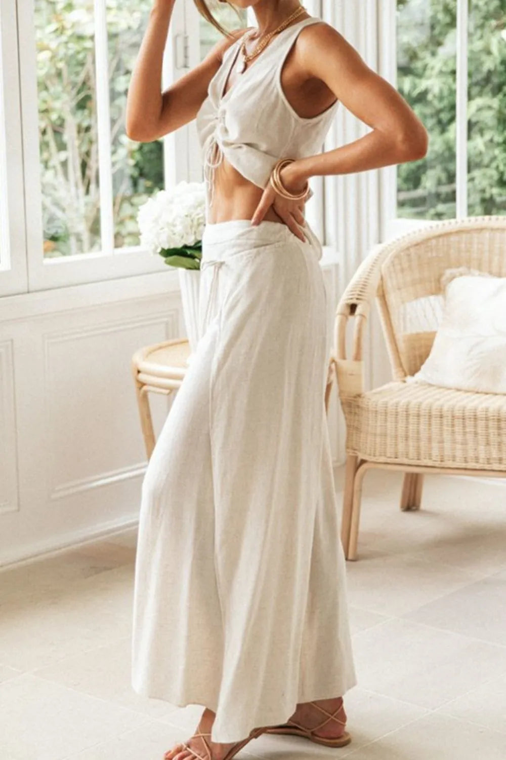 Drawstring V-Neck Tank and Pants Set